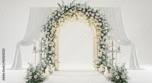 Wedding arch with white fabric draping and green floral decorations for ceremony