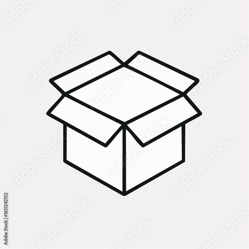 Minimalist line art icon of an open cardboard box for shipping, logistics, and packaging concepts. Simple outline graphic for delivery services and e-commerce.