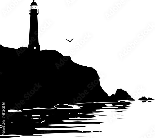 lighthouse silhouette vector illustration, lighthouse, tower, sky, sea, building, architecture, light, sunset, beacon, ocean, beach, landscape, landmark, water, travel, tall, house, coast, clouds, coa