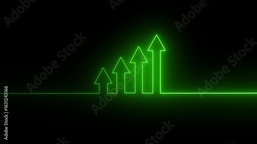 glowing arrow rising line Neon light Financial business graph chart animation . Neon business growth concept animated on black background