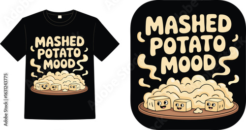 Black TShirt with Mashed Potato Moods Design Featuring Cute Butter Cubes and Plate