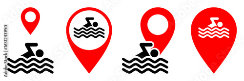 Swim place location with pin map vector for beaches, pools, and aquatic recreation. Perfect for illustrating travel, sport, and leisure activities on maps.