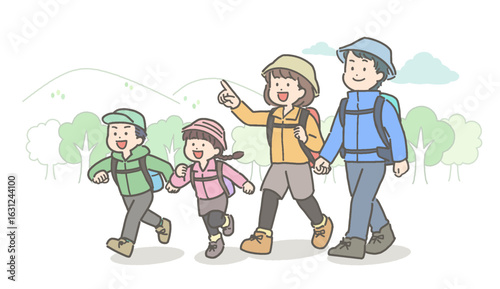 ハイキングをする若い家族・ファミリーのイラスト
