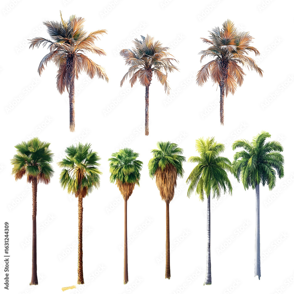Fototapeta premium Set of tropical palm trees in a vector illustration on white background