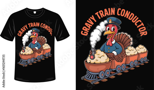 Cartoon Turkey Train Conductor TShirt Design Featuring GravyFilled Train Cars on Black Backdrop