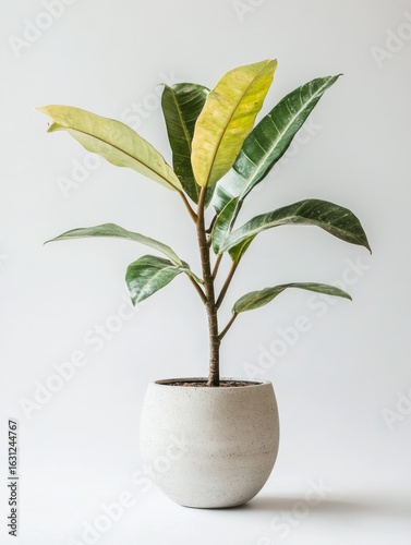 Small, healthy fiddle leaf fig in a light gray pot against a white backdrop