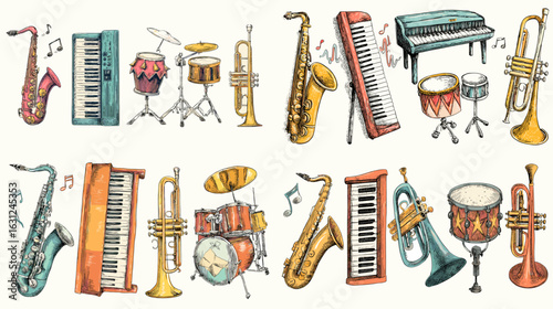 Artistic hand-drawn musical instruments including saxophone, piano, trumpet, and drums. Great for music, jazz, or band-related themes.

