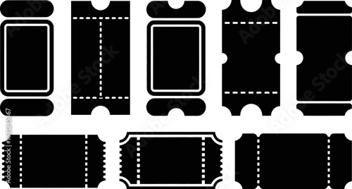 Collection of various black silhouette ticket shapes on white background