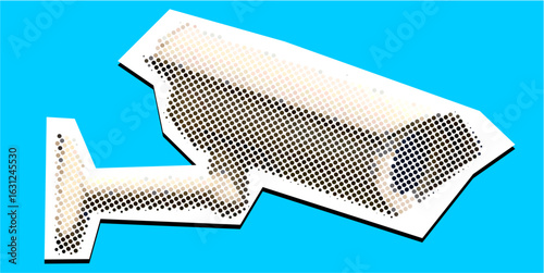 halftone stipple CCTV camera dotted collage element pointillize in paper torn vector. Represents surveillance, security, and monitoring with a textured, deconstructed feel.	
