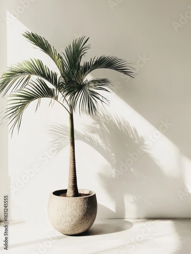 Palm tree in a rustic pot, sunlit room