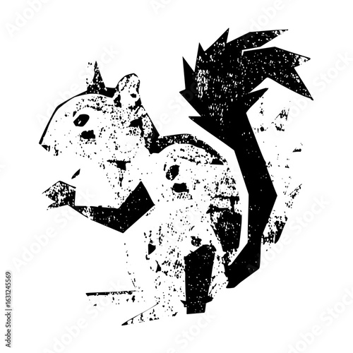 Vector Stylized squirrel holds a nut with a bushy tail.