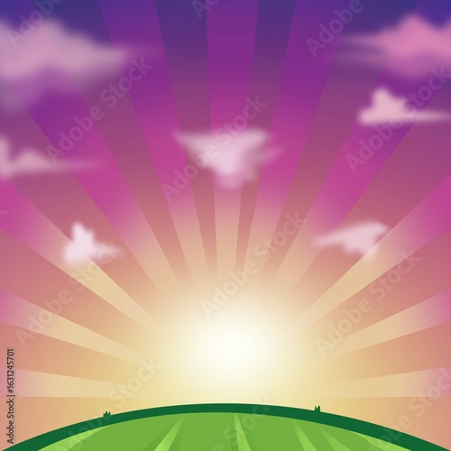 Εκτύπωση καμβά Cartoon sunrise over green hill with sun rays, purple sky, and soft clouds