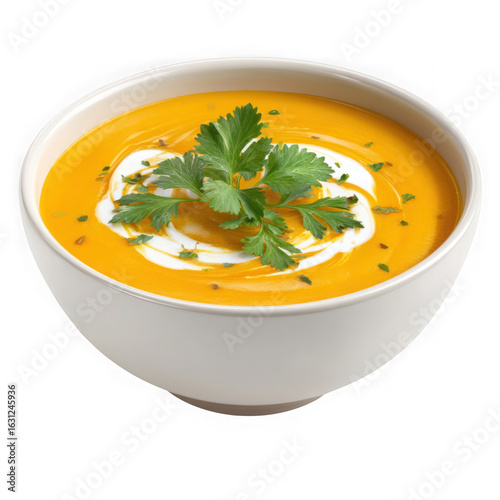 Delicious creamy carrot soup garnished with fresh parsley and swirl of cream isolated on transparent background