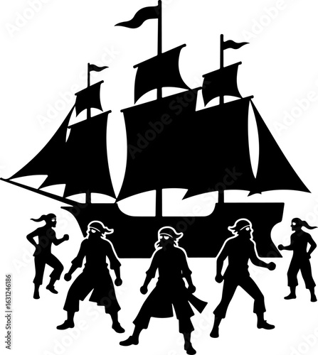 pirate ship silhouette vector illustration, ship, boat, sail, sailboat, pirate, sea, vector, nautical, sailing, old, galleon, travel, vessel, silhouette, illustration, model, ocean, yacht, cruise, mas