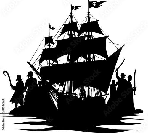 pirate ship silhouette vector illustration, ship, boat, sail, sailboat, pirate, sea, vector, nautical, sailing, old, galleon, travel, vessel, silhouette, illustration, model, ocean, yacht, cruise, mas