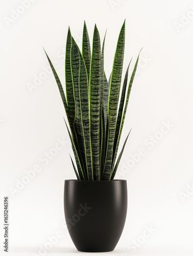 A vibrant snake plant in a sleek black pot