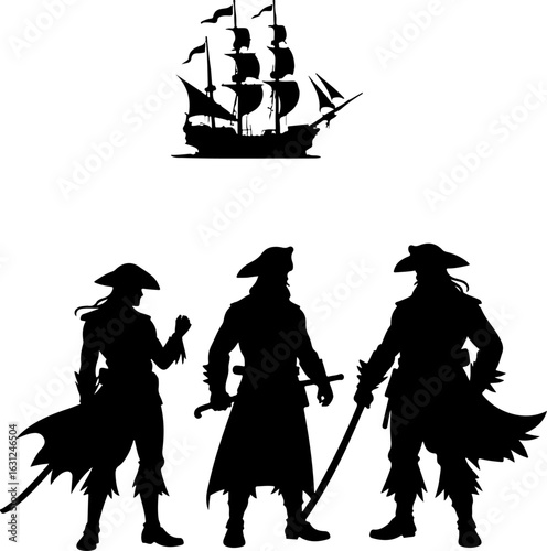 pirate ship silhouette vector illustration, ship, boat, sail, sailboat, pirate, sea, vector, nautical, sailing, old, galleon, travel, vessel, silhouette, illustration, model, ocean, yacht, cruise, mas
