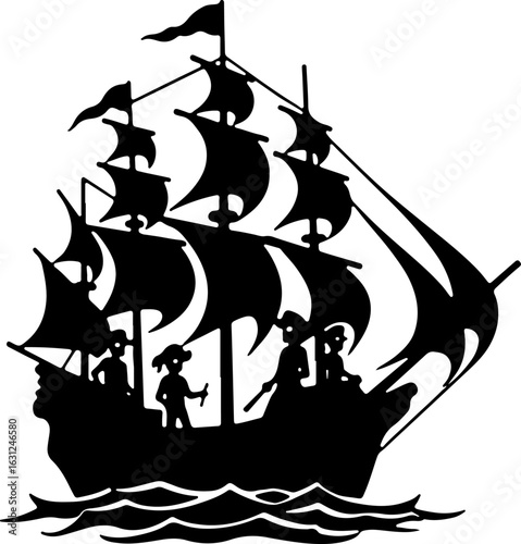 pirate ship silhouette vector illustration, ship, boat, sail, sailboat, pirate, sea, vector, nautical, sailing, old, galleon, travel, vessel, silhouette, illustration, model, ocean, yacht, cruise, mas