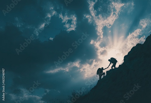Two climbers, silhouetted against a dramatic sky, reach out to assist each other on a steep mountainside