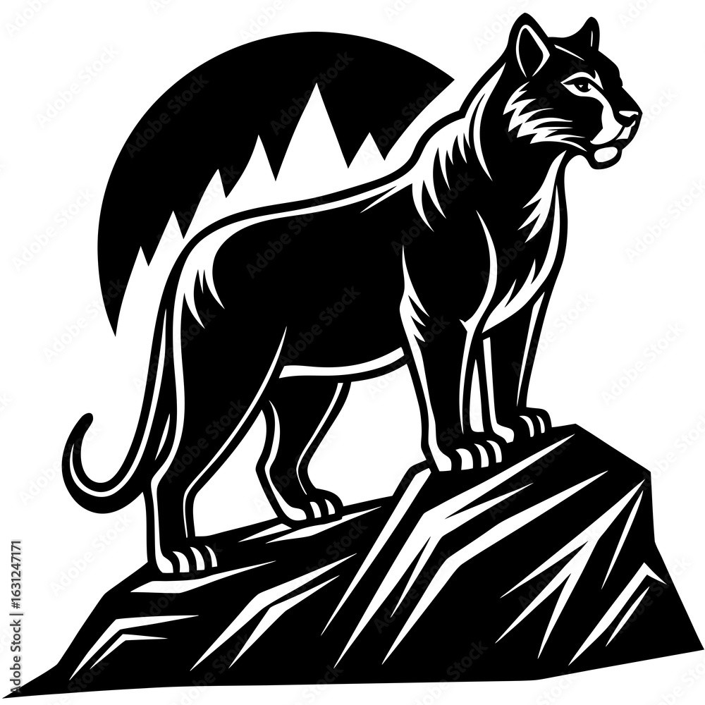 Obraz premium Majestic black panther stands proudly on a rocky outcrop against a stylized mountain and moon landscape in a bold black and white illustration