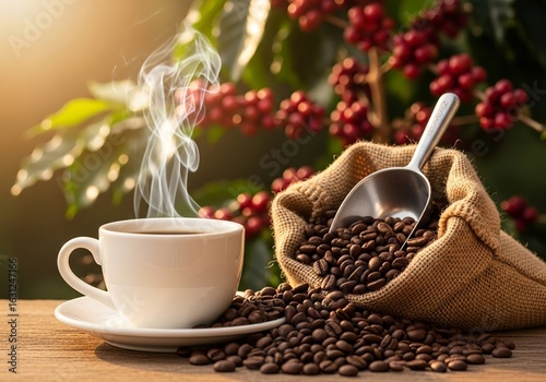 Hot steaming coffee cup and roasted coffee beans in a burlap sack with coffee plant berries
