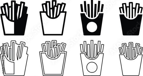French Fries Icon Set – Black and Outline Vector Design for Fast Food and Snack Concepts.