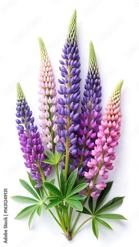 Fototapeta premium Lupine Flowers in a Variety of Colors Displayed on a White Background