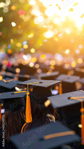 A multitude of graduates celebrating achievement under showering confetti sunlight