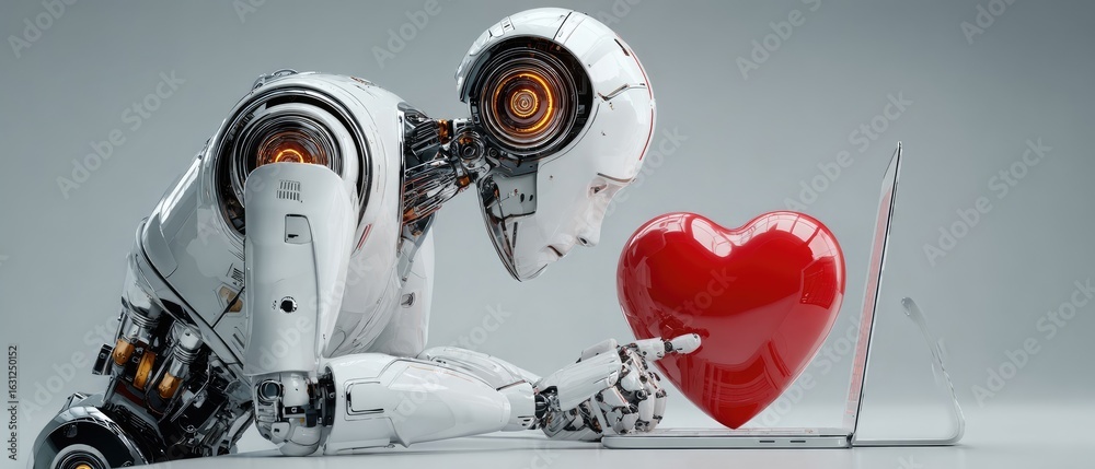 Fototapeta premium Futuristic robot, white and metallic, bends to a red heart, a laptop in the background