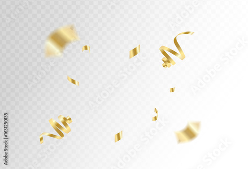 Elegant falling gold confetti and shiny ribbons isolated on a transparent background for a festive celebration.