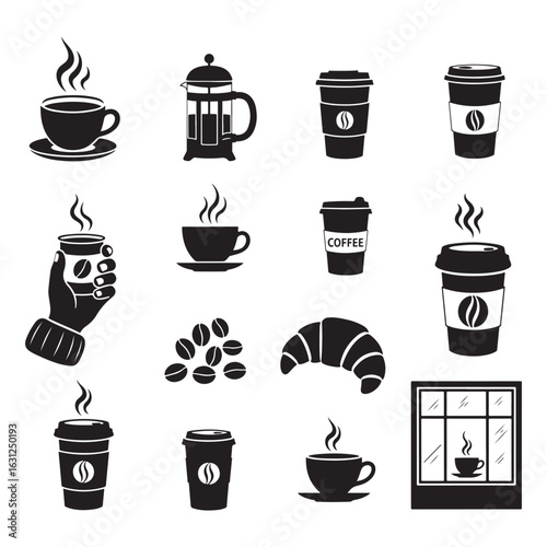 Assortment of black silhouette coffee-related items and a croissant disposable cup french press