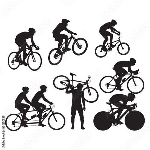 Silhouette collection of cyclists and bicycles in various poses and styles cycling sport