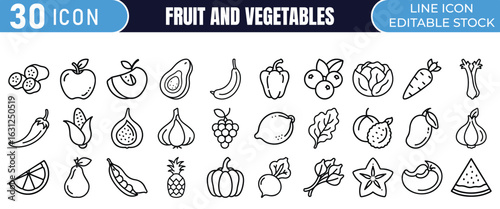 Set of 30 Icons for Fruits and Vegetables