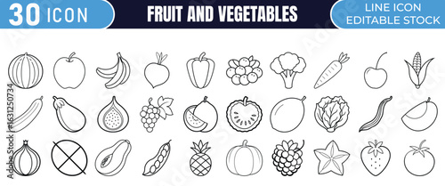 Set of 30 Icons for Fruits and Vegetables