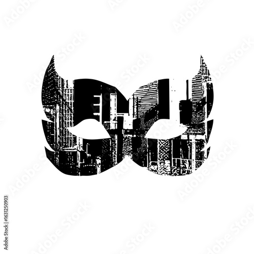 Vector Intricate masked face with urban skyline details.