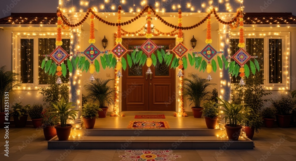 Obraz premium Festive Entrance Adornments: A warmly illuminated home entrance is adorned with celebratory decorations, embodying the spirit of togetherness, joy, and cultural richness.