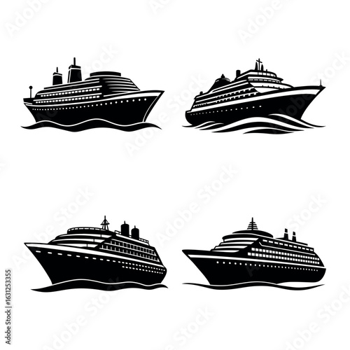 cruise ship vector illustration, ship silhouette set, ship black symbol
