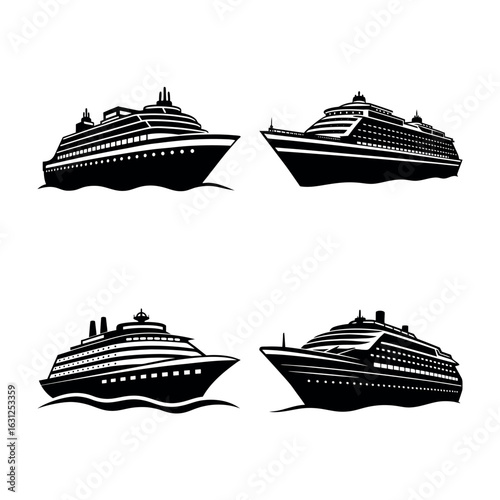 cruise ship vector illustration, ship silhouette set, ship black symbol