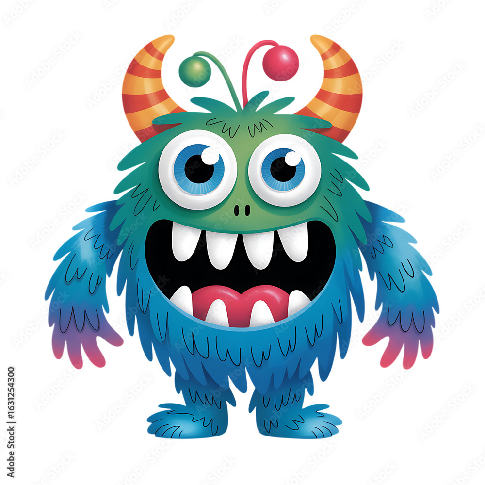 Fototapeta premium Blue furry monster with horns and big eyes isolated on a transparent background