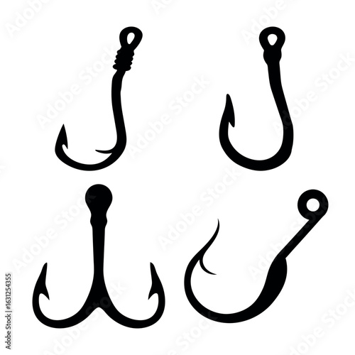 fishing hook silhouette vector set, fishing hook black icon bundle