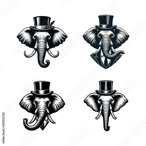 Elephant Heads Wearing Top Hats Black and White Set