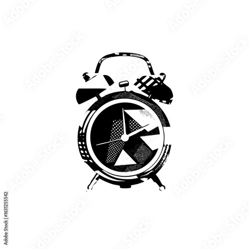 Vector Detailed black alarm clock with ticking hands.