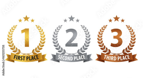 Wallpaper Mural Gold first place laurel wreath, silver second place laurel wreath, and bronze third place laurel wreath with stars and ribbons, symbolizing achievement and competition success Torontodigital.ca