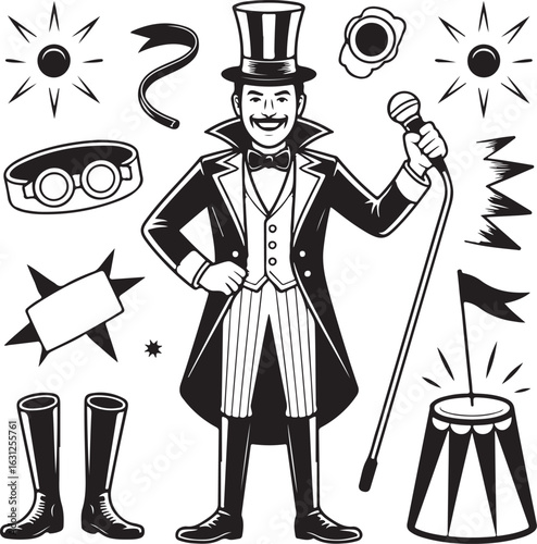 Circus Ringmaster Grunge Set – Theatrical Vector Elements with Halftone and Ink Distress