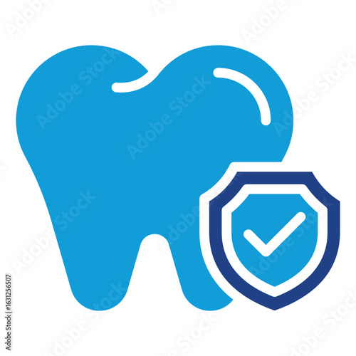 Protected Teeth Glyph Blue Silhouette Icon Vector Design - Two teeth with a shield and checkmark, representing dental protection, oral insurance, and safety assurance
