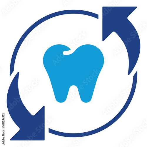Tooth Cycle Glyph Blue Silhouette Icon Vector Design - tooth surrounded by two rotating arrows, representing oral care process, dental treatment cycles, and regular checkups