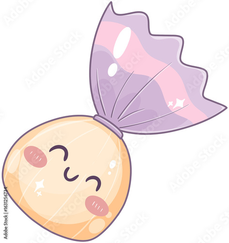 A cheerful, cartoon-style candy wrapped in a colorful wrapper, featuring a smiling face and rosy cheeks.