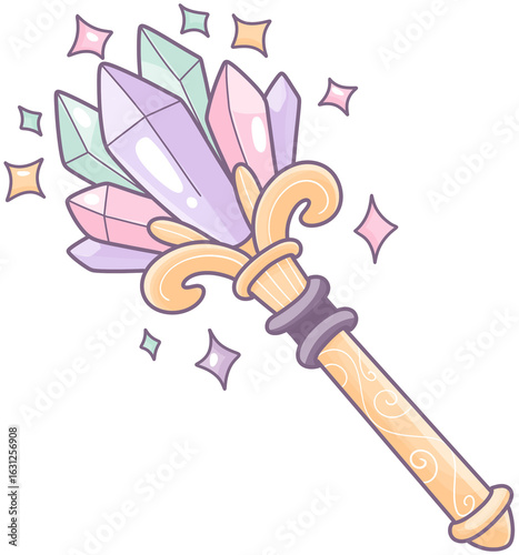 A magical staff adorned with colorful crystals and ornate detailing, radiating a whimsical charm.