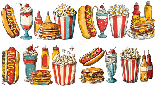 Delicious retro-style illustration of diner food including hot dogs, popcorn, pancakes, and soda. Great for fast food, American cuisine, or vintage themes.


