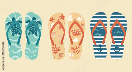 Nautical and beach-themed flip flops set with turtles, seashells, and anchors